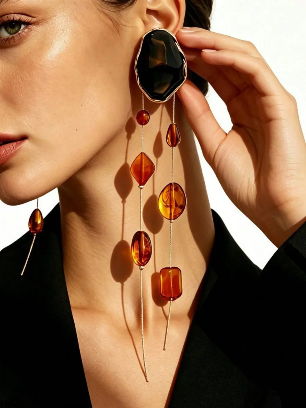 oho Women's Metal Rim Caramel Amber Resin Beads Tassel Long Drop Earrings